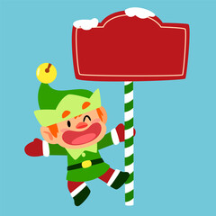 Cheerful Christmas Elf with Blank Sign