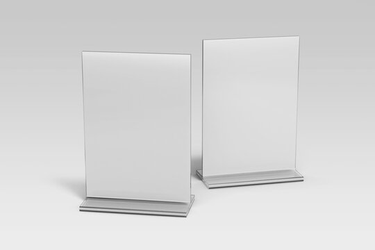 two blank transparent acrylic plastic table tents holder realistic mockup template with 5x7 inch vertical paper size 3d render isolated
