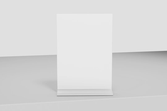 blank transparent acrylic plastic table tent holder realistic mockup template with 5x7 inch vertical paper size 3d render isolated placed on table