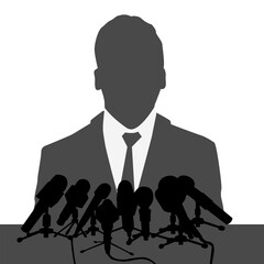 Speaker giving an interview at a press conference with many microphones