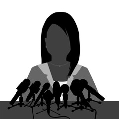 Speaker woman giving an interview at a press conference with many microphones