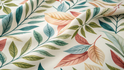 Abstract motif iconography visual. Colorful leaf pattern fabric with soft, flowing texture. design features various shades of green, orange