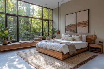 Modern bedroom with wooden furniture, large windows, and a spacious layout, designed for a clean and contemporary aesthetic, Generative AI
