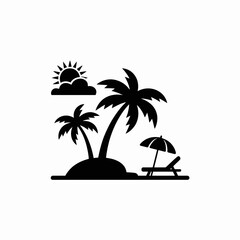 beach, silhouette, tropical, palm, trees, sun, umbrella, vector, icon, clipart, vacation, island, paradise, summer, holiday, blackwhite, monochrome, outline, relax, lounge, chair, seaside, coast, geta