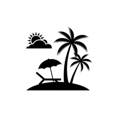 beach, silhouette, tropical, palm, trees, sun, umbrella, vector, icon, clipart, vacation, island, paradise, summer, holiday, blackwhite, monochrome, outline, relax, lounge, chair, seaside, coast, geta