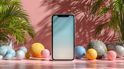 Modern smartphone display surrounded by colorful spheres and tropical plants AI Generated