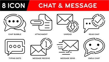 Chat & message icon set, Chat bubble, Message send, Message receive, Typing dots, Read, Unread, Attachment, Emoji Vector illustration