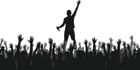 Concert singer silhouette, lead performer holding microphone above cheering crowd celebrating live music festival isolated on white background vector illustration