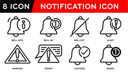 notification icon set, Bell on, Bell off, Alert, Warning, Error, Success, Info, Badge Vector illustration
