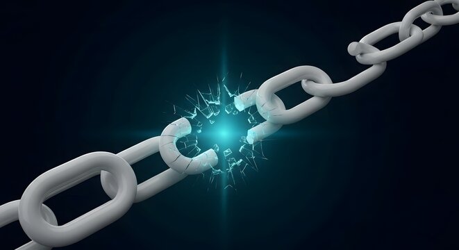 Abstract 3D illustration of a white metal chain breaking with a bright explosion, symbolizing security breach, freedom, or weakness.