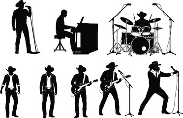 Country music band silhouettes illustration singer guitarist drummer pianist cowboy hat musicians live concert performance black vector isolated background