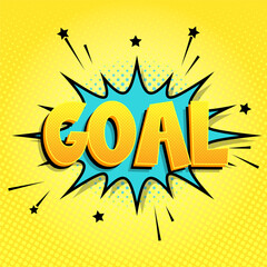 Pop art comic-style soccer goal text with football and explosion effect. Energetic and fun illustration ideal for sports posters