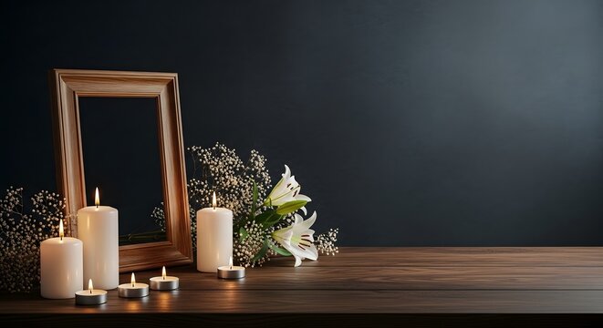 A serene memorial altar setup with flickering candles, delicate lilies, and an empty frame, creating a heartfelt tribute and remembrance concept