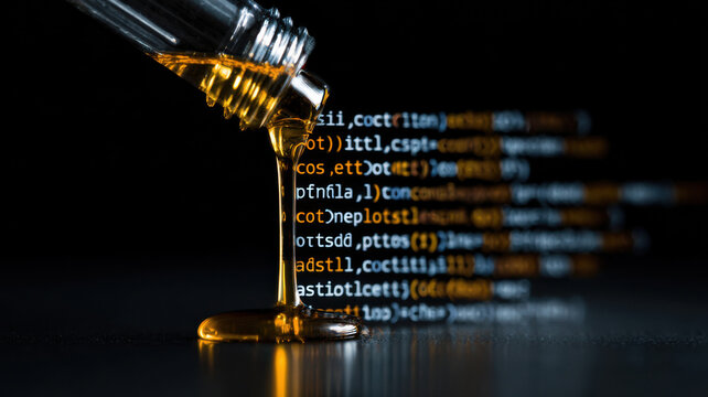 clean coding oil bottle dripping code symbols in perfect line sequence
