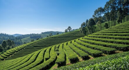 Lush terraced tea plantation stretches up a hillside under a vibrant blue sky