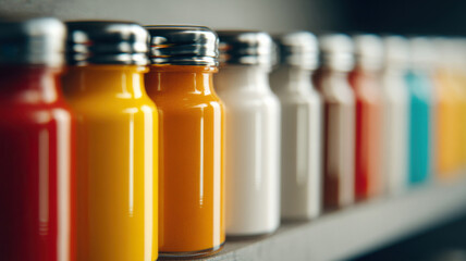 A row of colorful bottles, each filled with a vibrant hue, creating an eye-catching display. The bottles are neatly arranged, showcasing an array of shades