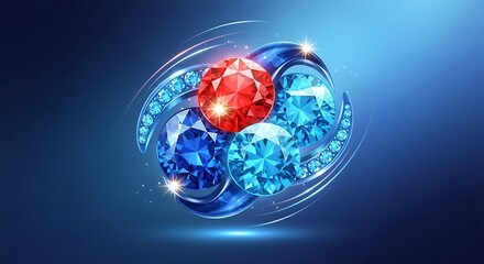 A vibrant digital illustration showcases a stylized ornament featuring multiple faceted gemstones and a metallic spiral design