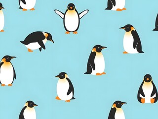 Cartoon penguins on a blue background repeating pattern design element