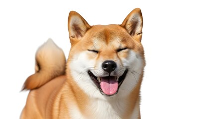 Happy Shiba Inu dog smiling with tongue out, isolated on white background