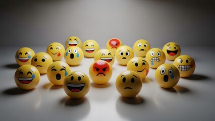 Collection of yellow emoji balls showing various facial expressions and human emotions.