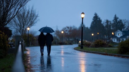 Elderly couple walking in rain with umbrella on wet street at dusk