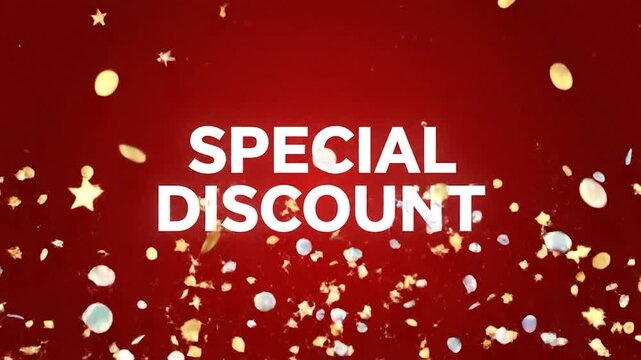 Special Discount Announcement with Confetti and Red Background.