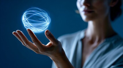 Young caucasian female holding glowing orb of energy in dim light