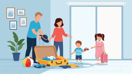 A family is packing luggage for a trip, with parents and two children preparing to leave their home.