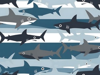 Seamless pattern of cartoon sharks in various shades of blue and gray