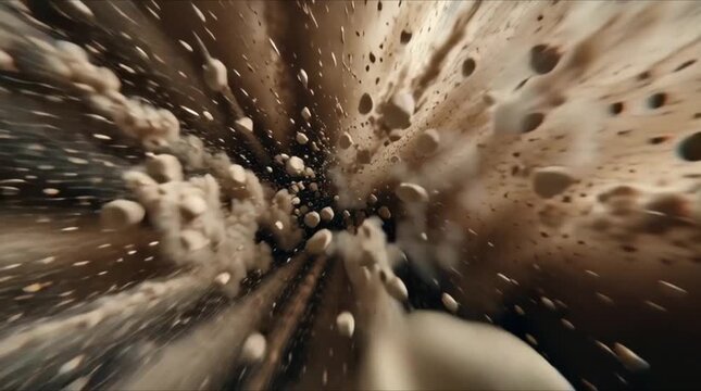Ultra cinematic time fracture shockwave explosion, slow-motion dust smoke expanding outward, particles splitting forward reverse motion layers, frozen fragments air, temporal distortion ripples 4k