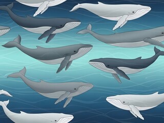 Seamless whale illustration on a blue background underwater scene design