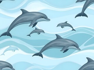 Swimming dolphins seamless pattern on wavy blue background illustration