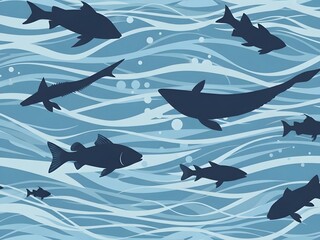 Swimming fish silhouettes against a wavy water background illustration