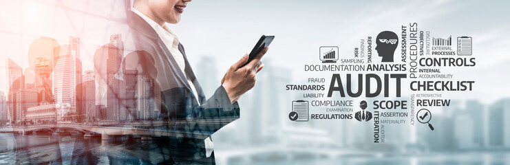 A business professional stands with a smartphone, encapsulating themes of audit and compliance...