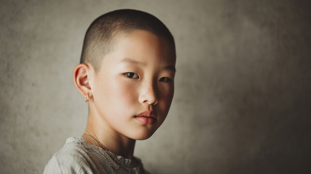 Studio portrait of an East Asian nonbinary child with a buzz cut, neutral expression, and soft minimal lighting for modern identity representation. Portrait of gender neutral child, modern identify. B
