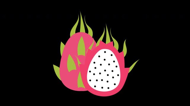 a pink dragon fruit cut in half with green leaves concept animation with alpha channel