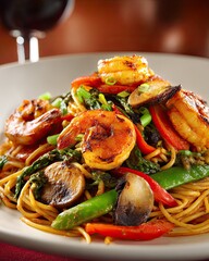 Restaurant quality shrimp spaghetti with basil and vegetables in gourmet food photography style
