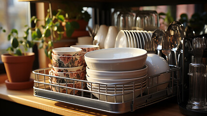 dishwasher with clean dishes in the interior of the bright cozy kitchen of the apartment.