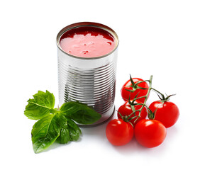 Tin can with tomato paste and ingredients isolated on white background