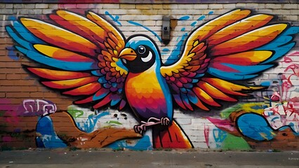 Graffiti mural of a bird breaking chains mid-flight, wings made of colorful paint strokes, symbolic street art, vibrant rainbow palette, strong motion blur effect.
