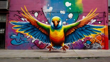Graffiti mural of a bird breaking chains mid-flight, wings made of colorful paint strokes, symbolic street art, vibrant rainbow palette, strong motion blur effect.
