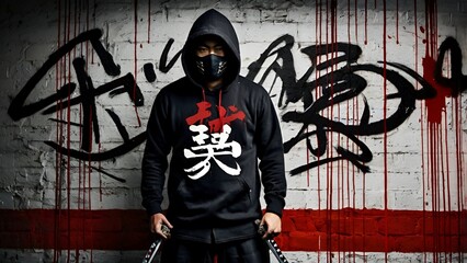Graffiti art of a modern samurai with hoodie and katana, Japanese calligraphy mixed with graffiti tags, red and white paint splashes, dark urban wall, dramatic shadows.
