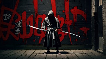 Graffiti art of a modern samurai with hoodie and katana, Japanese calligraphy mixed with graffiti tags, red and white paint splashes, dark urban wall, dramatic shadows.
