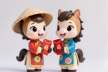 Cute chibi horse siblings wearing colorful Vietnamese &aacute;o d&agrave;i, sharing lucky red envelopes, playful happy faces, glossy figurines on white.