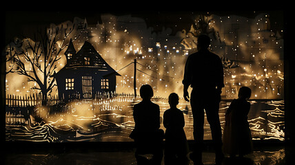 family silhouette of the house is bright and warm, holiday concept, home shadow theater