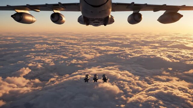 Aerial view of plane dropping objects above cloudscape