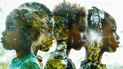 The ecology of future generations concept, multi-exposure portraits of multicultural children against a background of greenery