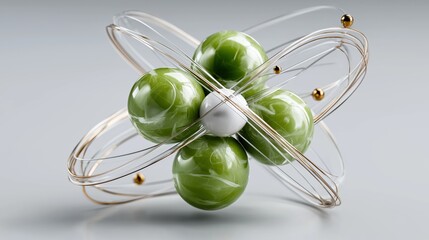 Abstract molecular structure with green spheres and metallic orbitals