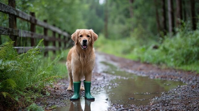 Golden retriever wearing green boots standing on forest path in rain - Powered by Adobe