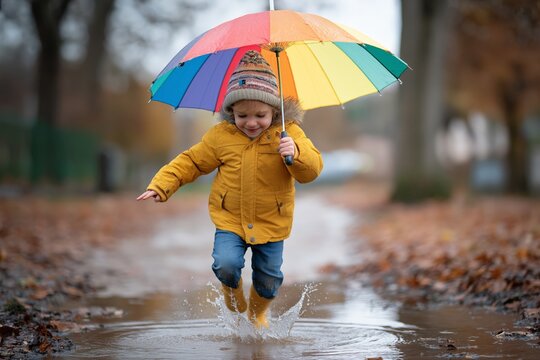 Joyful caucasian child jumping in puddle with colorful umbrella on rainy day